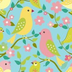 Fototapeta premium Seamless pattern of whimsical lovebirds perched on flowering branches, singing sweet melodies to each other, Generative AI