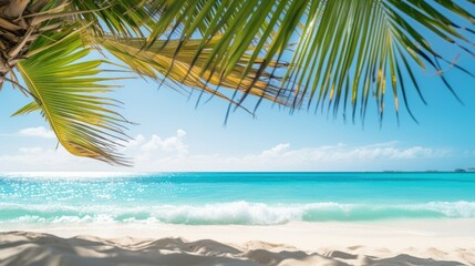 beach with turquoise waters and soft white sand,  palm trees 