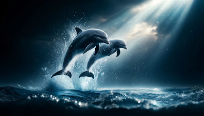 two dolphins leaping out of the water, surrounded by splashing water droplets against a dark background