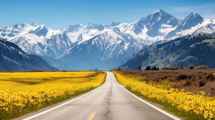 Naklejka premium Beautiful landscape of road cutting through a field of golden wildflowers,
