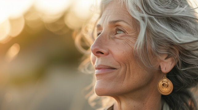 A Side Profile Shot Of A Senior Caucasian Woman With Silver Hair Smiling And Looking Up. Aging Gracefully And Elegance In Older Women. Positive And Happy Aging. Copy Space Concept For Retirement Image