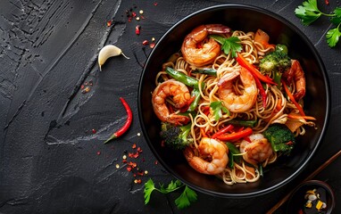 Stir-fried noodles with vegetables and shrimp in a black bowl. Slate background. very delicious food