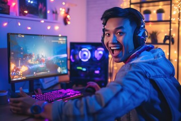 Crazy and Excited Male Gamer Playing Online Video Game on Computer at Room, Concept of E-sports Gaming Technology.