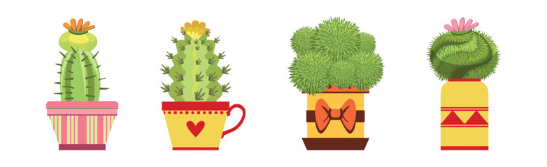 Green Spiky Cactus Plant Growing in Ornamental Ceramic Pot Vector Set