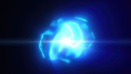 Blue energy magic sphere round high-tech digital ball core of light rays waves lines and energy particles. Abstract background