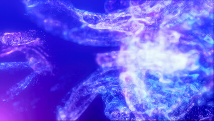 Blue violet multi-colored energy glowing magic liquid made of waves and electric iridescent plasma of high-tech digital lines and particles in water. Abstract background