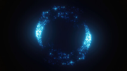 Blue swirling circle frame of multicolored lines of  energy particles. Abstract background