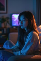 Naklejka premium Asian woman in a living room playing video games at night