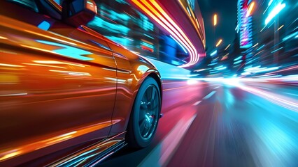 Quick car speeding through city at night with blurred lights streaking. Concept Night Photography, Urban Landscapes, High Speed Motion, City Lights, Blurred Motion