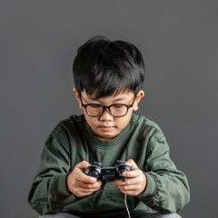 Fototapeta premium Young Asian boy holding joystick (game controller) to play video game on dark background.