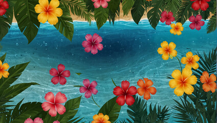 palm trees and hibiscus flowers on the beach. The water is clear and blue. There are some bubbles in the water.