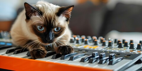 Observing a Male Siamese Cat Engaging with a Synthesizer. Concept Animal Behavior, Musical...
