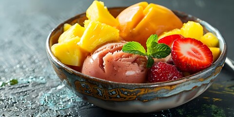 Vibrant Vegan Fruit Sorbet with Mango, Strawberry, and Pineapple in a Ceramic Bowl. Concept Vegan Desserts, Fruit Sorbet, Vibrant Food Photography, Healthy Eating, Refreshing Treats