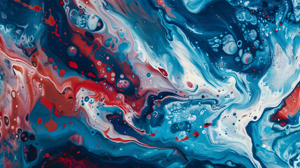 Abstract background of acrylic paint in blue, red and white colors