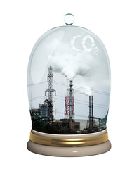 Environmental pollution, net CO2 footprint neutralize development. Glass protective cap catching factory harmful cloud. Ecology and conservation protection concept. Isolated on white. 3d render