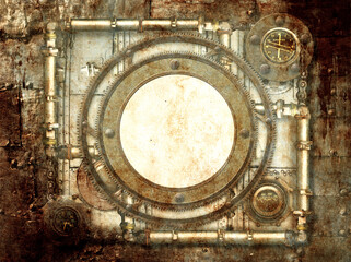Grunge retro background in steampunk style with paper texture, frame with vintage metal details,...