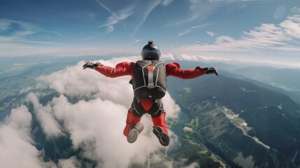 skydiver capturing their exhilarating experience with a GoPro camera, documenting the stunning views and their adrenaline-fueled descent. 