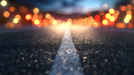 abstract background with bokeh defocused lights and asphalt road