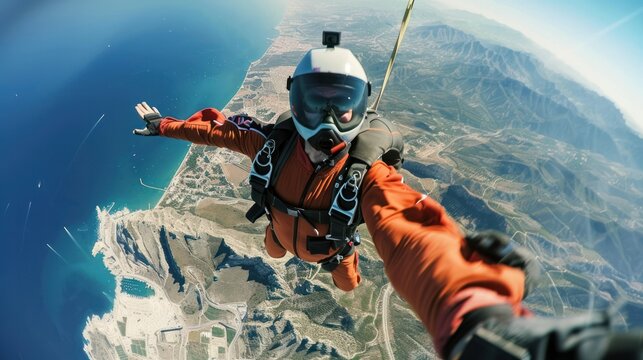 skydiver capturing their exhilarating experience with a GoPro camera, documenting the stunning views and their adrenaline-fueled descent. 