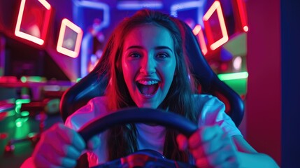 Excited Young Woman Laughing and Playing an Online Car Drive Simulation Game Through Steering Wheel Controller, Concept of E-sports.