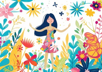 Obraz na płótnie Canvas Happy Woman Enjoying Nature Surrounded by Colorful Flowers Illustration