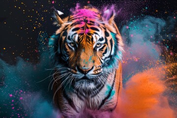 Mystical Tiger Portrait with Vibrant Paint Splashes in Pink and Blue on a Dark Cosmic Background

