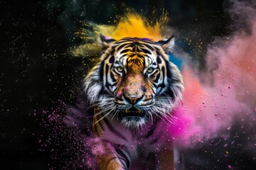 Ethereal Tiger in Motion: Stunning Portrait with Dynamic 
 Cosmic Dust Trails


