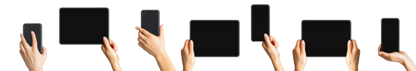 Mockup of smartphone, tablets and women's hands, concept of mobile shopping, taking a photo and...