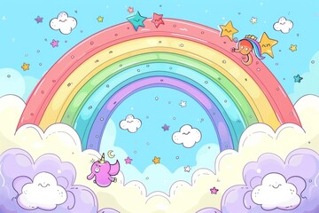 Cartoon cute doodles of a double rainbow arching across the sky, with jubilant characters searching for the pot of gold at the end.Generative AI