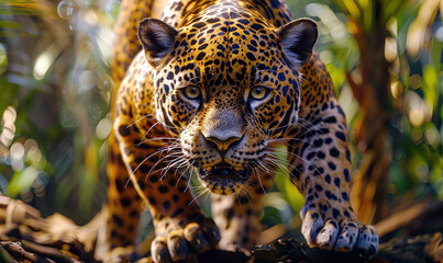 A stunning leopard moves stealthily through lush greenery. Generate AI