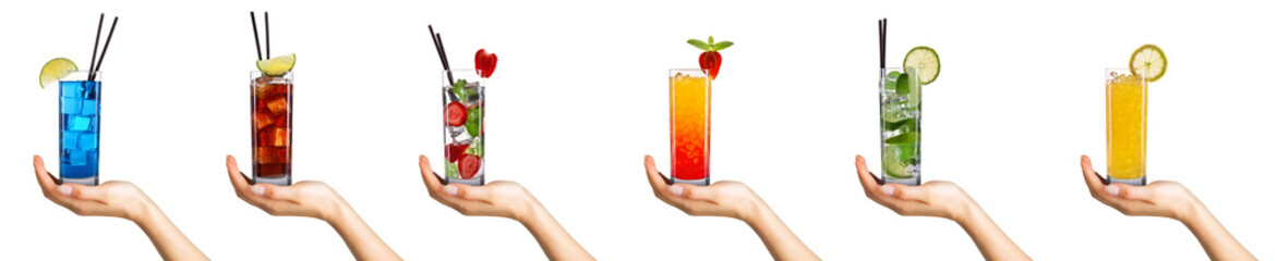 Woman hand holding cocktail in tall glass on white background