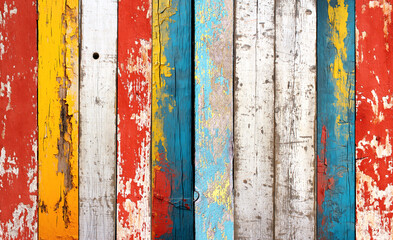 Texture of vintage wood boards with cracked paint of white, red, yellow, green and blue color....