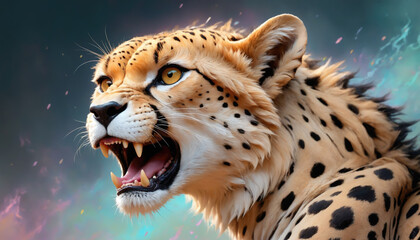 Fantasy Illustration of a wild animal cheetah. Digital art style wallpaper background in pastel colors.