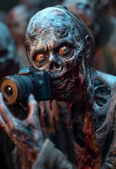 Scary Zombie With A Camera. Illustration On The Theme Of Horror And Humor, Cinema And Comics. Generative AI	
