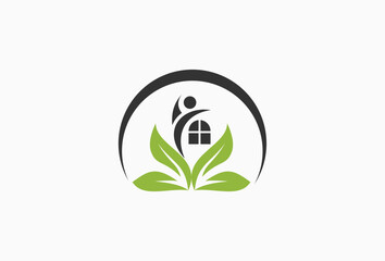 green leaf and home eco logo for ecology housing theme, real estate agency, building company, urban landscape, house.	