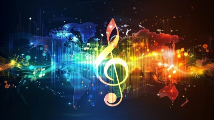 Colorful Music Note With World Map Background