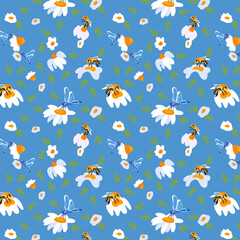 Summer background daisy bee Light blue seamless pattern spring white meadow flower lush foliage ornament wrapping fabric wallpaper textile mosaic