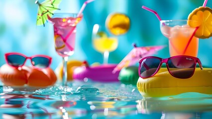 Colorful summer pool party items like sunglasses cocktail glasses and inflatable drink holders. Concept Pool Party, Summer Accessories, Sunglasses, Cocktail Glasses, Inflatable Drink Holders