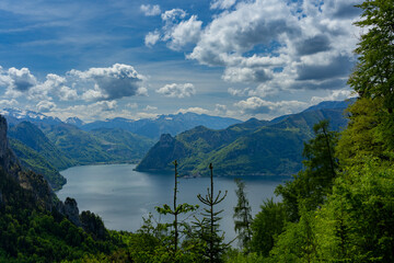 Obraz premium Traunsee im Salzkammergut in Oberösterreich vom Berg mit Blick auf den See und den Bergen