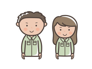 笑顔で正面を向く作業着姿の男女作業員（配達員）のイラスト_帽子なし