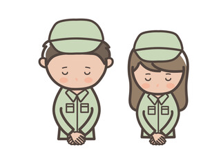 頭を下げて謝る作業着姿の男女作業員（配達員）のイラスト