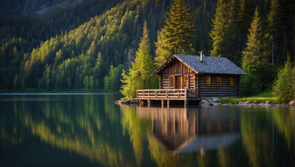 Rustic Retreat, Wooden Cabin Nestled by the Lake, Embraced by Nature's Majesty