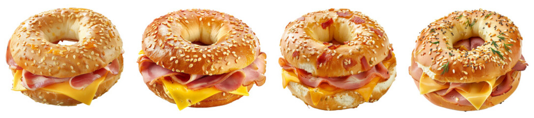 Ham cheese bagel isolated on transparent background.
