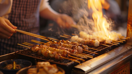 Fototapeta premium 炭火で焼き鳥を焼く