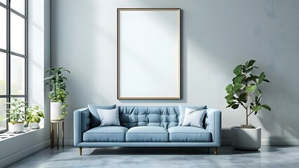 Modern monochrome interior with dusty blue sofa and empty wall mockup. Concept Interior Design, Monochrome Style, Dusty Blue Sofa, Empty Wall Mockup