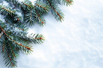 Holiday season concept. New Year 2025. Frosty blue spruce tree branches on white snow background with copy space. Christmas card design. Fir branch. New Year card template