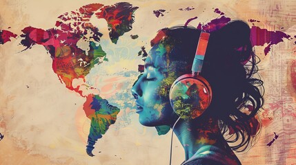 Woman Listening to Music With World Map Background