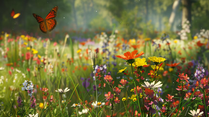 A butterfly is flying over a field of flowers. The field is full of different colored flowers, including yellow, orange, and red. The scene is peaceful and serene