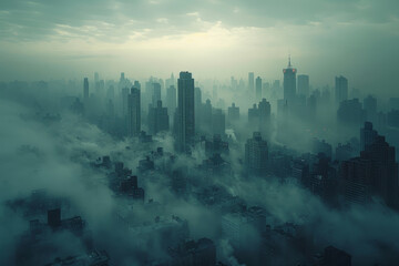 Cityscape in the early morning enveloped by dense fog, creating a surreal urban scene.. AI generated.