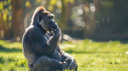 Gorilla happily sitting on the grass and thinking - Powered by Adobe